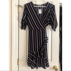 NEW:Navy blue wt rose&white striped wrap dress